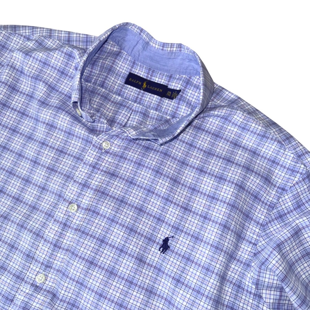 Ralph Lauren Plaid Button Down Shirt Mens XXL Blue White Long Sleeve Cotton Logo